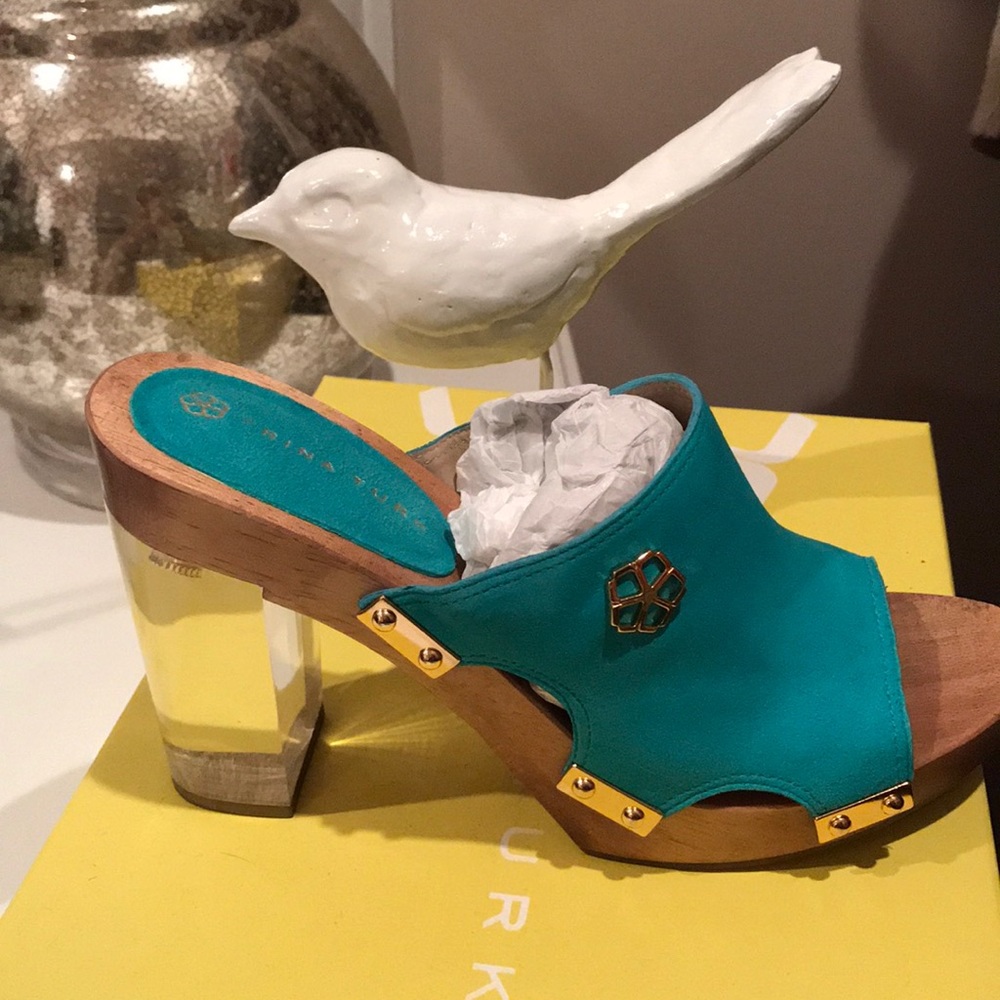 Trina Turk new shoes.  Aqua with Lucite heel.